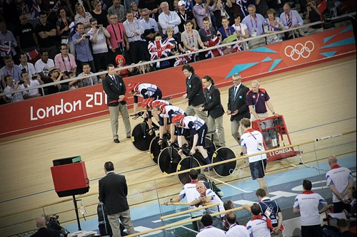 Cyclists waiting on the start line at the Velodrome, London Olympics, 2012