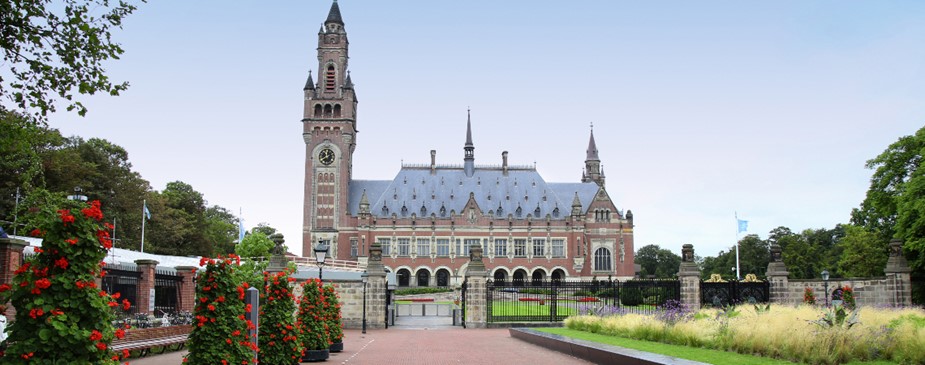 A photograph of the Peace Palace in the Hague, Netherlands. An ornate building from the early 1900s, it has a clock tower on one end.