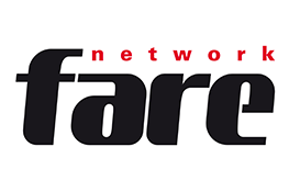 Le logo Fare Network - texte `` tarif '' noir en gras, au-dessus duquel se trouve le texte `` réseau '' qui est plus petit et rouge