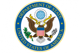 Logo du gouvernement des États-Unis d'Amérique - une crête avec un aigle et un drapeau américain entouré d'un cercle bleu indiquant `` Département d'État. Les états-unis d'Amérique'.