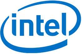 Le logo Intel - le texte «intel» en bleu, entouré d'un anneau bleu.