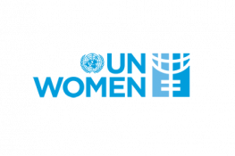 El logotipo de ONU Mujeres: un globo terráqueo azul y el texto azul 'ONU Mujeres' junto a algunas formas azules que se asemejan a la mitad de un globo terráqueo en un soporte.