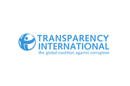 Le logo de Transparency International - une personne de dessin animé bleu dans un cercle à côté du texte bleu «Trnasparency International. La coalition mondiale contre la corruption ».