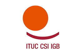 El logotipo de la Confederación Sindical Internacional: un círculo rojo sobre un arco rojo más oscuro, sobre el texto rojo "CSI CSI IGB".